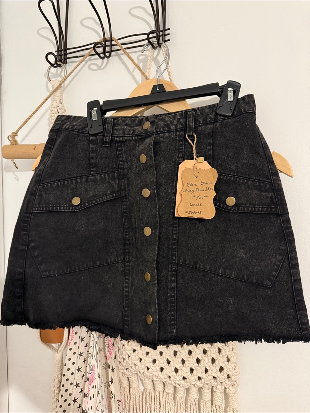 Black Denim Button-Front Mini Skirt